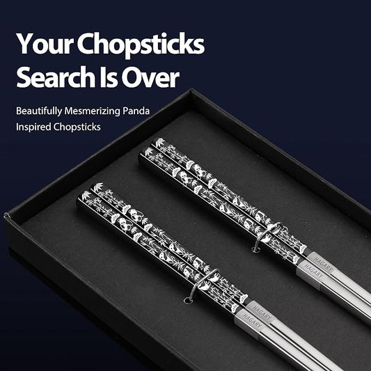 Hagary Panda Black Chopsticks Metal Chopsticks Reusable Designed In Korea Japanese Style Stainless Steel 316 18/10 Non-Slip Dishwasher Safe (Black - 2 Pairs)