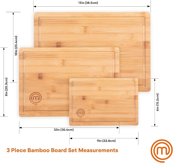 MasterChef Wooden Cutting Boards for Kitchen, Bamboo Cutting Board Set of 3 | Reversible Large, Medium & Small Wooden Chopping Boards with Juice Grooves, Natural, Organic & Sustainable Wood, Food Safe