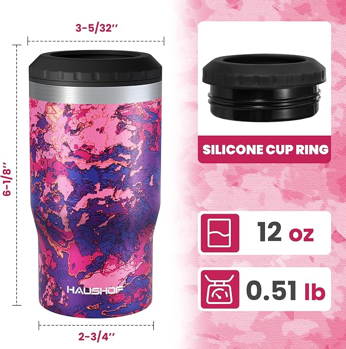 HAUSHOF 4-in-1 Insulated Can Cooler Fits 12oz Cans & Beer Bottle, Camo Red | Double-Wall Vacuum Insulated, 18/8 Stainless Steel, BPA-Free Lid, Slim Can Cooler for Camping, Beach & Picnic