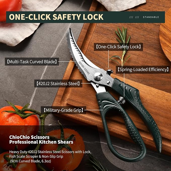 Poultry Shears，Heavy Duty Kitchen Shears with Anti-Slip Handle & Safety Lock，for Meat, Chicken, Bone, Turkey, Fish，Spring-Loaded, Dishwasher Safe