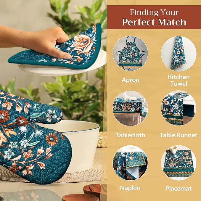 Maison d'Hermine Oven Gloves 100% Cotton Oven Mitt (7" x 13", Pack of 1) | With Loop Heat Resistant BBQ Cooking Gloves Baking Kitchen Handling Hot Pans Thanksgiving Christmas - Luxury Loft - Dark Teal