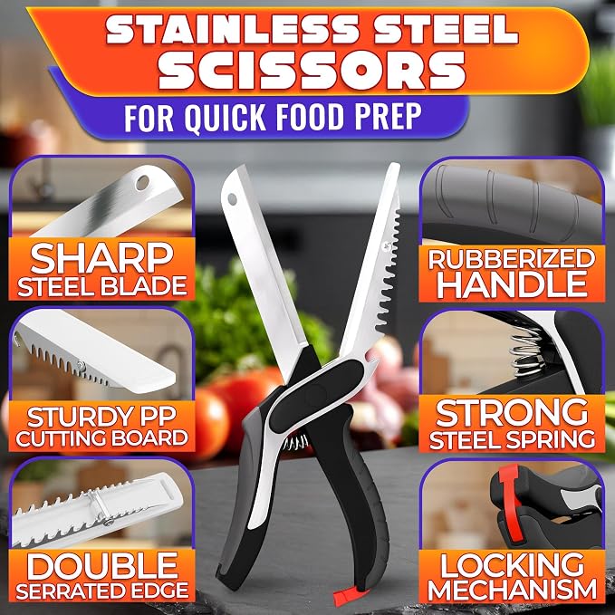 6 in 1 Cutting Board Scissors for Food, Spring-Assist, Non-Slip | Dishwasher Safe Kitchen Scissors with Cutting Board; Built-In Meat Tenderizer and Safety Lock for Meat, Fish and Vegetables