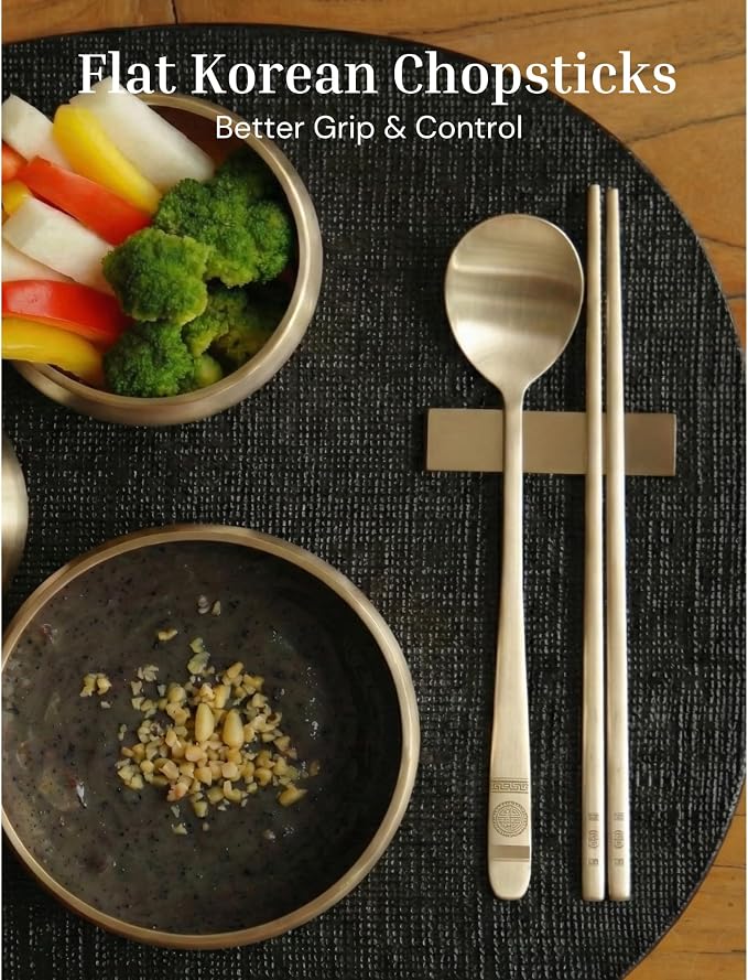ONGI Korean Spoon and Chopstick 2 Set – Premium 18/10 Stainless Steel – Double Happiness Design – Gift-Ready – Made in Korea – Dishwasher Safe (Hee Pattern Silver 2 Set)