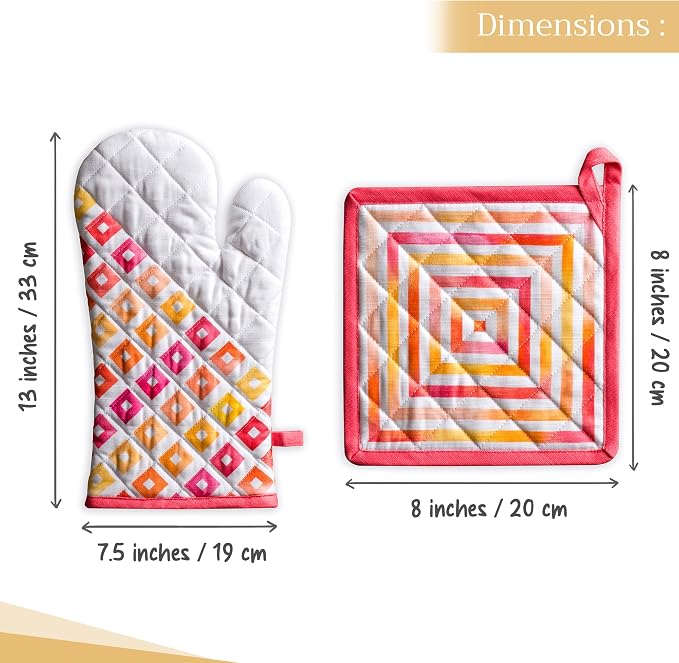 Maison d' Hermine 100% Cotton Oven Mitt & Pot Holder Set (7.5"x13" & 8"x8") | Heat Resistant BBQ Cooking Gloves with Loop Baking Grilling Kitchen Hotel Home Farmhouse Spring Summer - Summer Maze