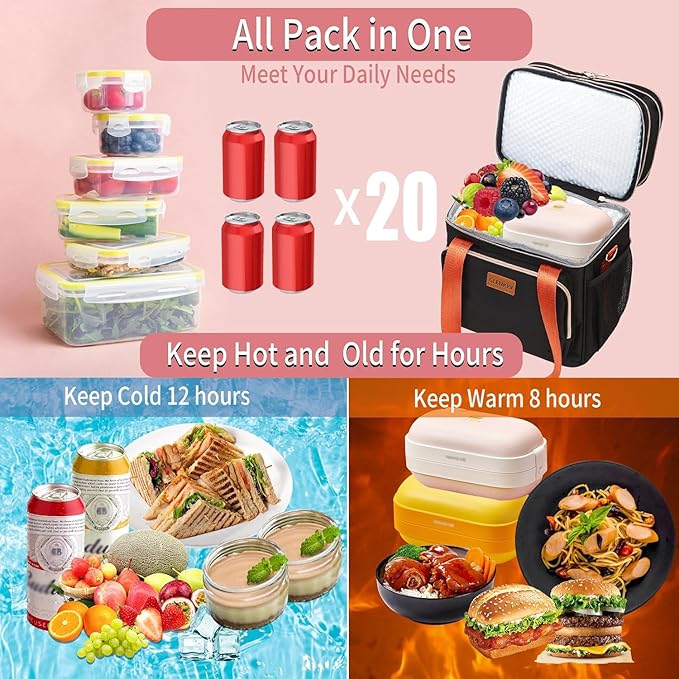 GLENKEY Expandable Lunch Box Cooler Bag - Insulated Soft Lunch Bag for Men Women - Large Lunchbox for Adults Work Camping Outdoor Travel Black Brown 16L