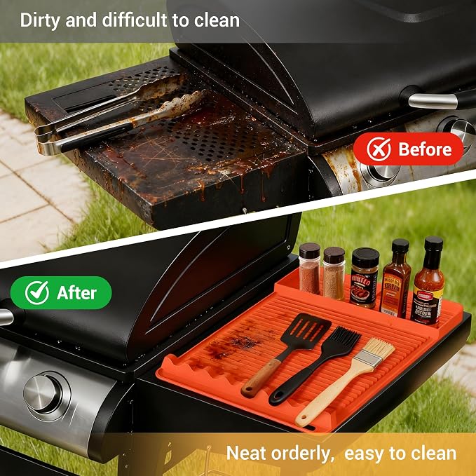 Silicone Grill Mat for Blackstone Griddles & Outdoor Grills - Heat Resistant (450°F) Countertop Protector, Non-Slip Tool Organizer & Grease Catcher, 16x11.5 Inch(Orange)