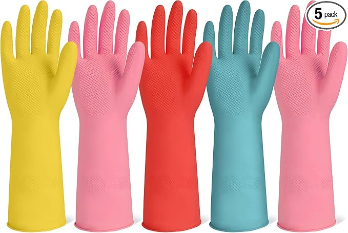 Xgunion Rubber Cleaning Gloves for Dishwashing-5 Pairs Colorful Reusable Household Cleaning Glove for Washing Dishes and Kitchen Cleaning Non-Slip Grip Dish Gloves for Women Men (Medium)