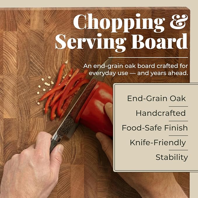 End Grain 12"x10" European Oak Wood Cutting Board with Non-Slip Feet & Handles, Charcuterie Board, Knife-Friendly, Serving Cutting Board for Kitchen