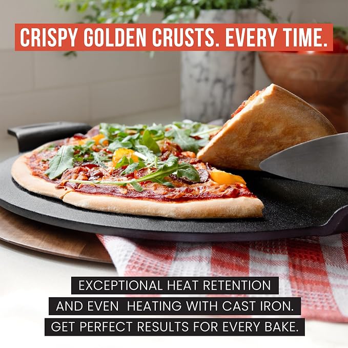 Chef Pomodoro Cast Iron Pizza Pan, Pre-Seasoned Dosa Pan with Handles, Flat Pan for Oven, Round Griddle for Dosa Tawa Roti, Comal for Tortillas, Baking Stove, Oven, Grill BBQ and Campfire (15-inch) | Round Griddle for Dosa, Tawa, Roti, Comal; Oven, Gri...
