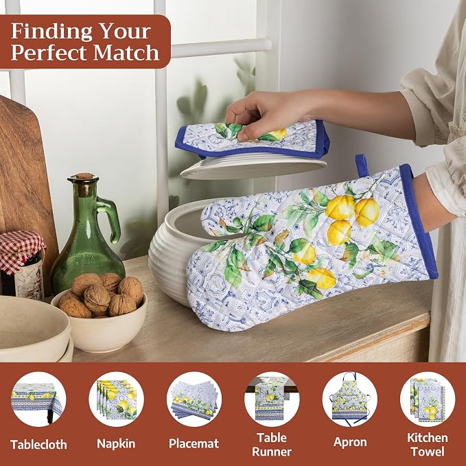 Maison d' Hermine 100% Cotton Oven Mitt & Pot Holder Set (7.5"x13" & 8"x8") | Heat Resistant BBQ Cooking Gloves with Loop Baking Grilling Kitchen Hotel Home Farmhouse Spring Summer - Citrus