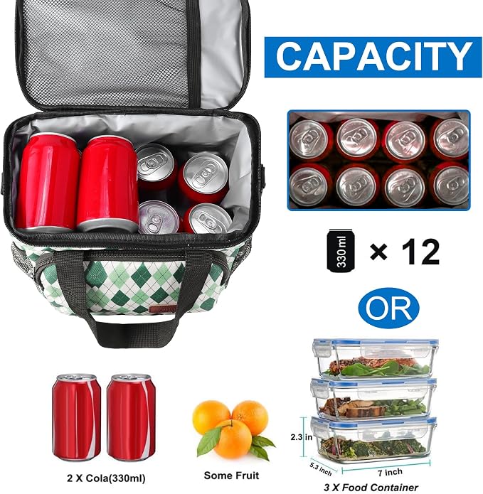 Lunch Bags for Women/Men, Insulated Lunch Bag for Work Office - Lunch Cooler Bag Leakproof Lunch Box with Adjustable Shoulder Strap - Green plaid