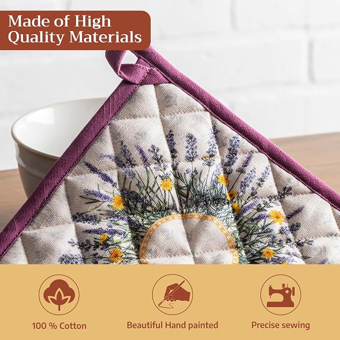 Maison d' Hermine Pot Holders 100% Cotton Potholders (8" x 8", Pack of 1) | Heat Resistant Hot Pads with Loop BBQ Cooking Baking Farmhouse Kitchen Handling Hot Pans Spring Summer - Fanny Lavender