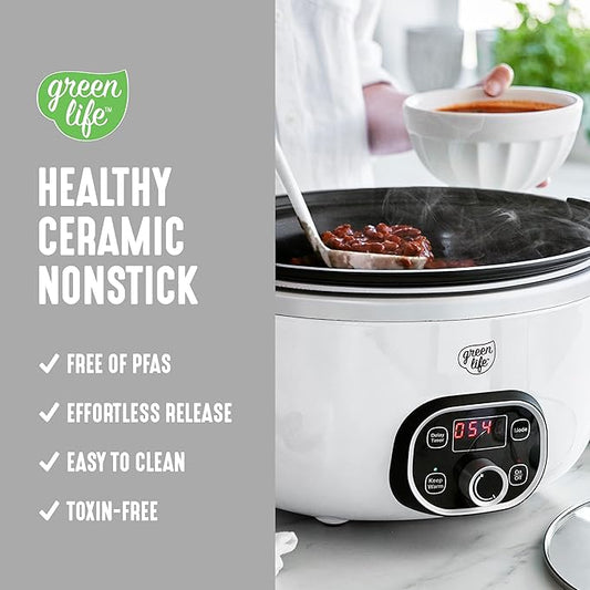 GreenLife 8QT Slow Cooker, Non-Toxic PFAS-Free Ceramic Nonstick Removable Interior Bowl, Programmable, Family Friendly, Keep Warm, Stovetop & Oven Safe, Dishwasher Safe Parts, Timer, Glass Lid, White