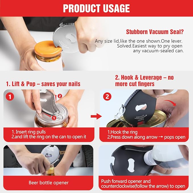 Uinxan 5 in 1 Bottle Opener for Seniors with Arthritis & Weak Hands | Opens Vacuum Seals, Water, Small Jar Lids(0.6"-2.7"), Beer Caps, Pull Tabs–Multi Portable Tool for Elderly/Women/Men (Silver)