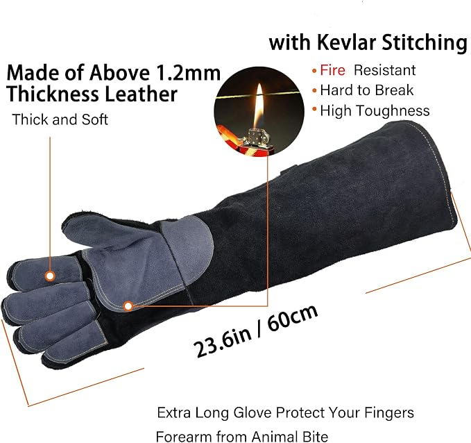 WZQH 23.6 In Gloves for Animal Handling,Welding,Bite Proof for Cat Dog.XL | For Grabbing Reptile Bird Falcon Livestock Snake,Grooming,Trips to Vet,Fireplace.Puncture & Scratch Resistant,Leather,Black