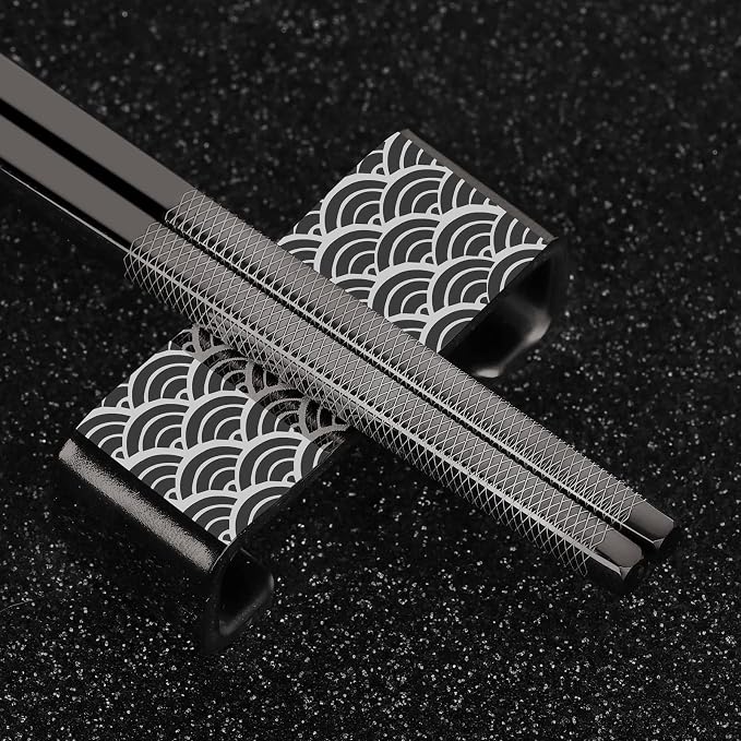 Metal Chopsticks Reusable 2 Pairs Titanium Plated Stainless Steel18/8 Chopsticks with Holder, Dishwasher Safe Lightweight Japanese Style Chopsticks Gift Set(Black)
