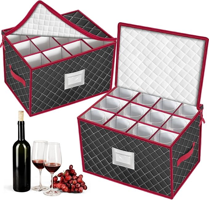 Christmas Stemware Storage Cases with Dividers- Holds 24 Wine Glass Storage or Crystal Glassware Containers, China Storage Containers with 2 Handles and Lable Window -Set of 2 Black