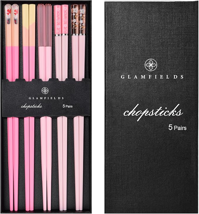 Chopsticks Reusable Dishwasher Safe, GLAMFIELDS 5 Pairs 9.5 Inches Premium Chop Sticks Set for Sushi, Ramen, Asian Cuisine, Matte Non-slip with Gift Case, Pink