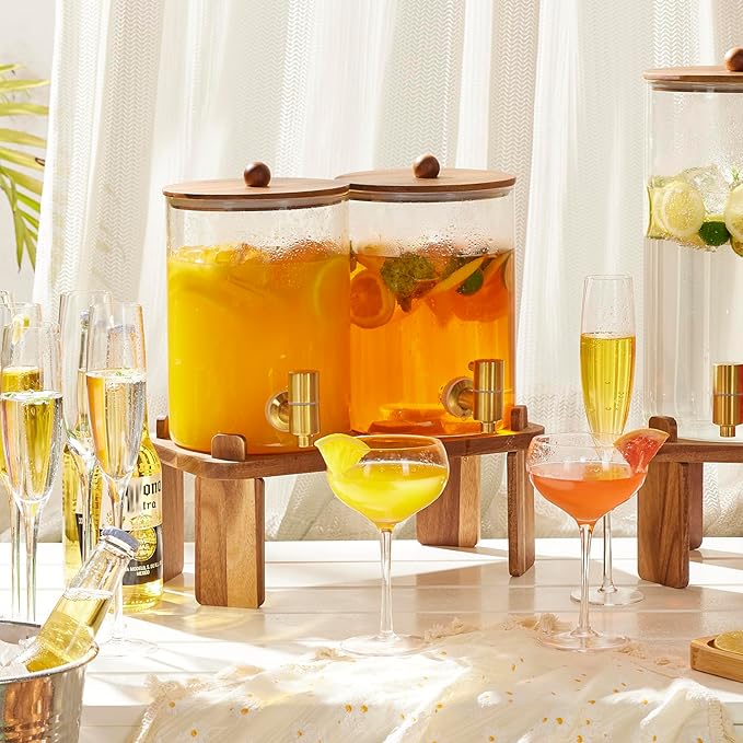 FavorFlavor Glass Drink Dispenser for Party: 2p 1 Gallon Dispenser w/Stand | 4L large capacity-Stainless Steel Spigot-Beverage Container for Lemonade/Juice/Sun Tea-Ideal for Home Gatherings&Party Drink