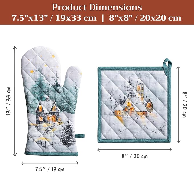 Maison d' Hermine 100% Cotton Oven Mitt & Pot Holder Set (7.5"x13" & 8"x8") | Heat Resistant BBQ Cooking Gloves with Loop Baking Grilling Kitchen Home Farmhouse Thanksgiving Christmas - Neige de Noel