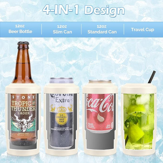 Morefeel 4-in-1 Insulated Can Cooler for 12 oz Cans & Bottles | 304 Stainless Steel Can Holder Fits 12 Oz Slim Cans, Standard Cans, Beer Bottles & Works as A Open Cup; Dishwasher Safe