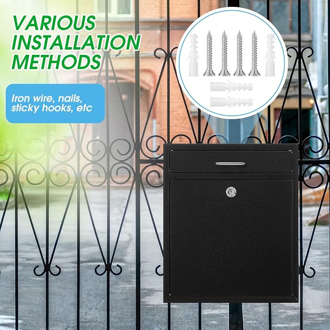 Yaocom Locking Mailbox with Key for Outdoor 14 x 12 x 4 Inches Large Wall Mount Mail Box with Lock Security Mail Drop Metal Collection Boxes Hanging Secure Postbox (Black)