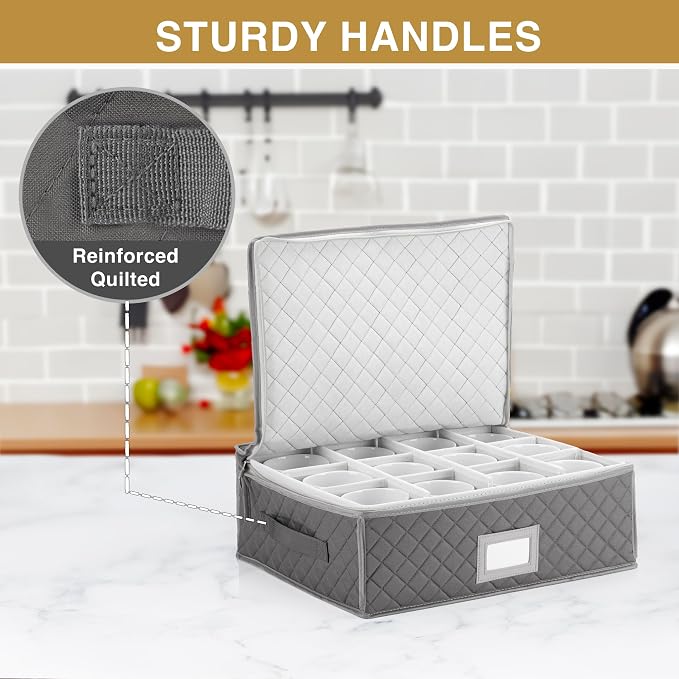 StackStorePlusMore China Cup Storage Chest - Quilted Fabric Container in Gray Measuring 16" x 13" x 6"H - Perfect Storage Case for Coffee Cups - Tea Cups - Mugs