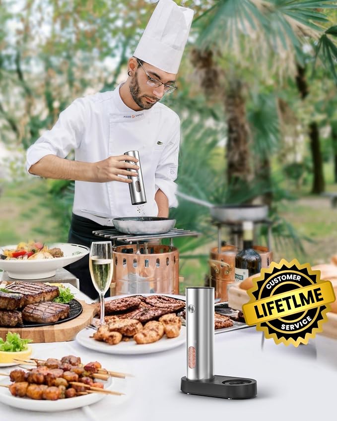 Electric Salt and Pepper Grinder Set with Rechargeable Base - Upgraded Large Capacity, Refillable Pepper Mill Set with LED Light & Adjustable Coarseness, Ideal for Kitchen, Outdoor, BBQ & Gift Giving