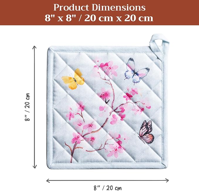 Maison d' Hermine Pot Holders 100% Cotton Potholders (8" x 8", Pack of 2) | Heat Resistant Hot Pads with Loop BBQ Cooking Baking Farmhouse Kitchen Handling Hot Pans Spring Summer - Blossoms in Spring