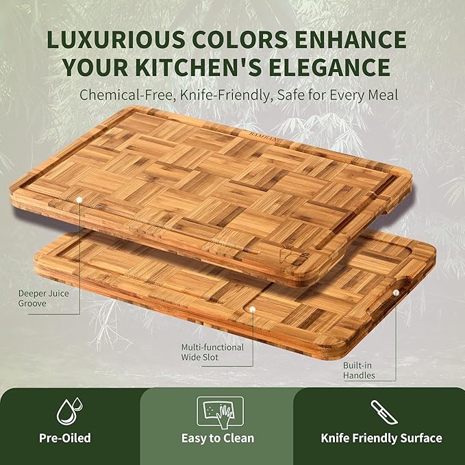 BAMBANG Bamboo Cutting Board for Kitchen with Juice Groove, End-Grain Butcher Block Chopping Boards, Checkered Wooden Cutting Boards Set of 3 with Stand, Knife-Friendly, Serving Tray