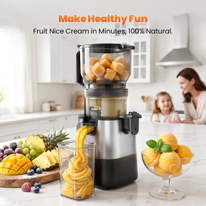 TECHRISE Cold Press Juicer – 6" Wide Chute Fits Whole Fruits & Veggies, Slow Juicer with Ice Cream Maker, 300W Motor, Easy Cleanup, Blade-Free Safety – Bring the Goodness Home for Your Family
