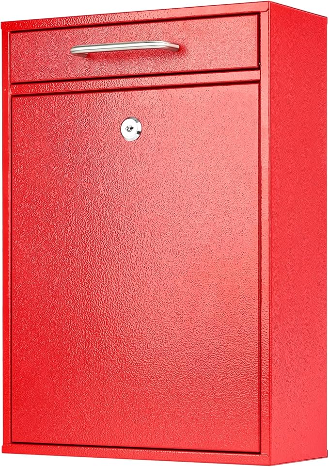 KYODOLED Locking Wall Mount Mailbox for Outside, Drop Box, X-Large, Red | Heavy-Duty Steel, Outdoor Mail Box with Key Lock, Large Capacity, Home, Office & Apartment Use, 16.2H × 11.2L × 4.6W In
