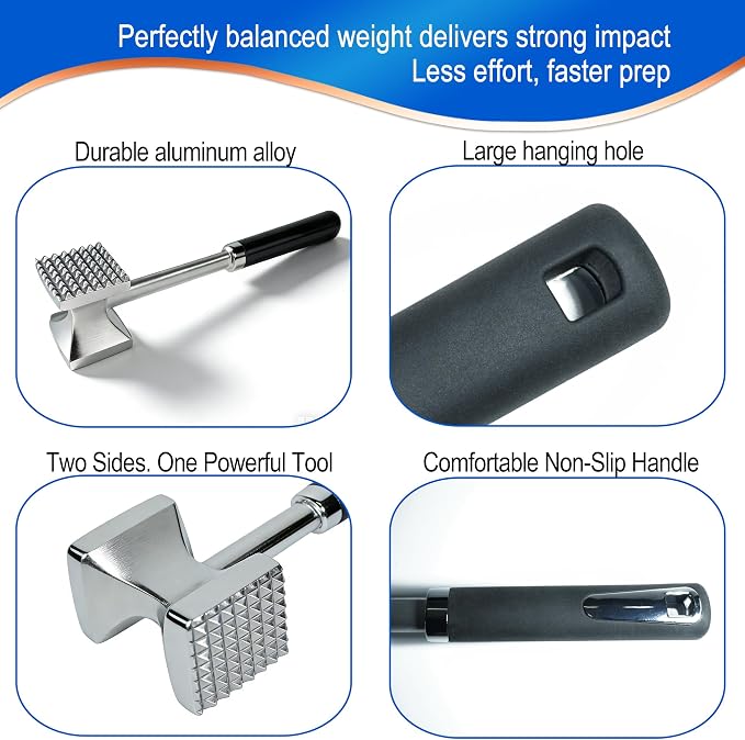 Aluminum Meat Tenderizer Hammer, Dual-Sided Meat Mallet with Grip | Dual-sided aluminum meat tenderizer with textured and smooth sides for tenderizing, flattening, and crushing meats and foods