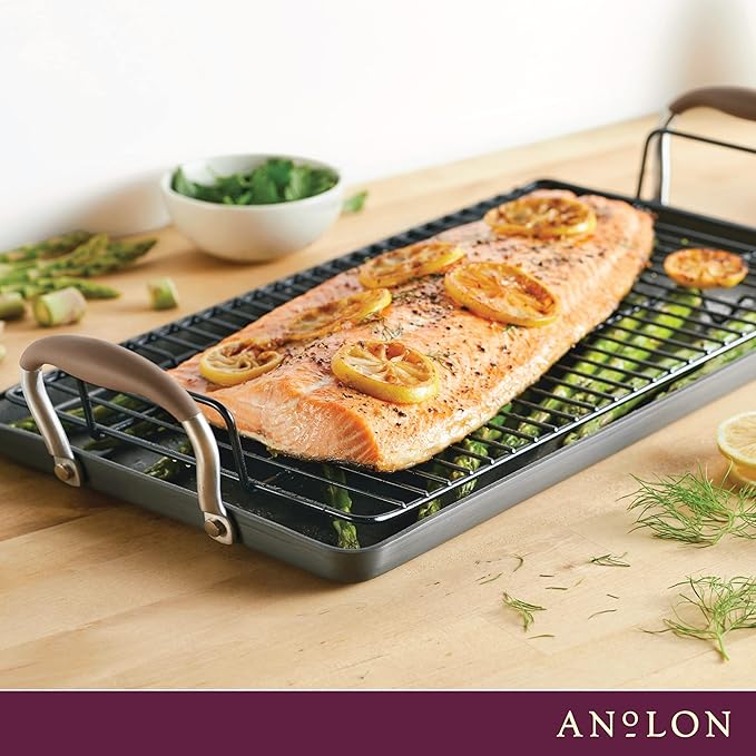 Anolon Advanced Home Hard Anodized Nonstick Double Burner Griddle/Grill Pan with Roasting Rack, 10 Inch x 18 Inch, Bronze