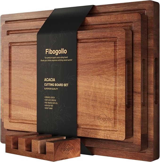 Fibogollo Set of 3 Large Acacia Wood Kitchen Cutting Boards with Holder | Wooden Chopping Boards Set with Juice Groove, Serving Board with Storage Stand,Butcher Block for Meat,Vegetables,Fruit
