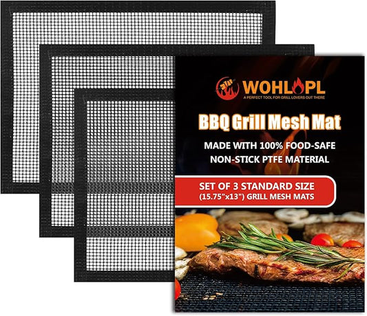 3 Pack Grill Mesh Mat Outdoor Grill, Heavy Duty and Non Stick BBQ Grilling Mats & Baking Mats, Resuable and Easy to Clean, Works on Gas Charcoal and Electric BBQ (15.7 x 13 Inch x 3 pcs)