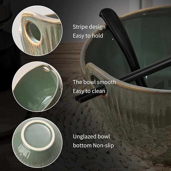 Ramen Bowl with Chopsticks and Spoons Set, 7 Inch Ceramic Noodle Bowl Set of 2, Donburi Bowl Dishwasher Safe for Pho Udon Soba Noodle Salad Pasta, Special Wild Sage Earth Bowls Set