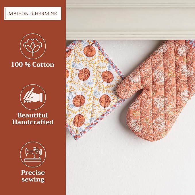 Maison d' Hermine 100% Cotton Oven Mitt & Pot Holder Set (7.5"x13" & 8"x8") | Heat Resistant BBQ Cooking Gloves with Loop Baking Kitchen Hotel Home Farmhouse Thanksgiving Christmas - Harvest Festival