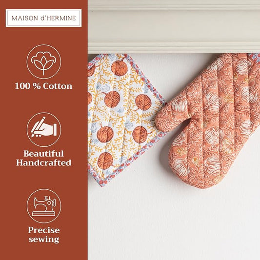 Maison d' Hermine 100% Cotton Oven Mitt & Pot Holder Set (7.5"x13" & 8"x8") | Heat Resistant BBQ Cooking Gloves with Loop Baking Kitchen Hotel Home Farmhouse Thanksgiving Christmas - Harvest Festival