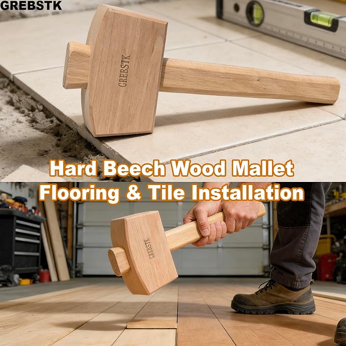 GREBSTK Unfinished Solid Beech Wood Mallet for Home Bartending & Workshop | Unfinished Natural Wood, Sweat-Absorbing Non-Slip Grip, Raw Tactile Texture, No Varnish or Oil, Precise Control for Tasks