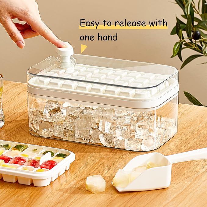 Ice Cube Tray with Lid and Bin, 2 Pack Ice Cube Trays for Freezer, 64 Pcs Ice Cube Mold, Press Button Easy Release Ice Tray, Small Ice Cubes Maker for Drinks (White)