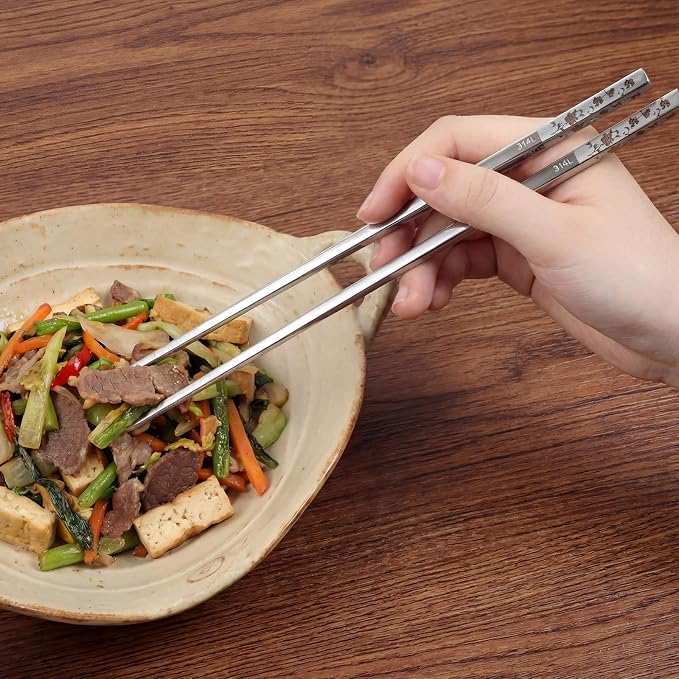 Korean Chopsticks and Spoon Set, Korean Long Handle Stainless Steel KoreanUtensil Sets Dishwasher Safe Metal KoreanDinnerware Set (Set of 2)