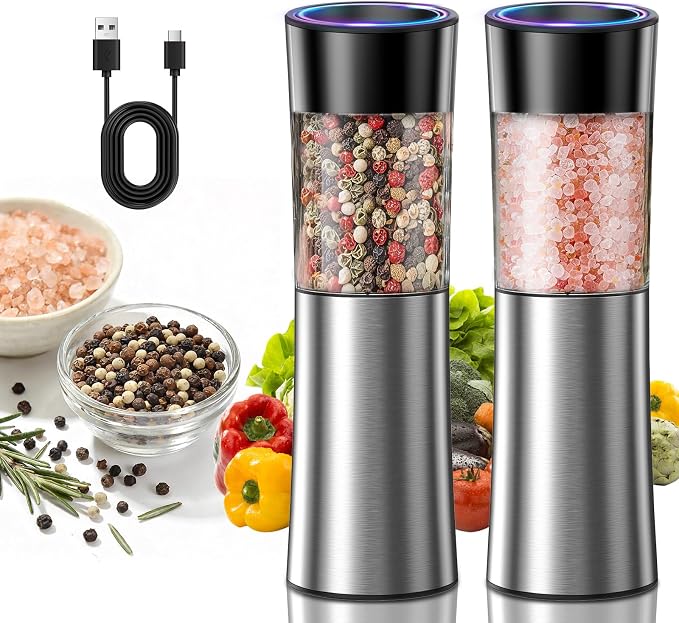 CIRCLE JOY Rechargeable Gravity Electric Salt and Pepper Grinder Set Automatic Stainless Steels Salt and Pepper Mills with LED Light, No Battery Needed, Adjustable Coarseness,for Home Kitchen BBQ