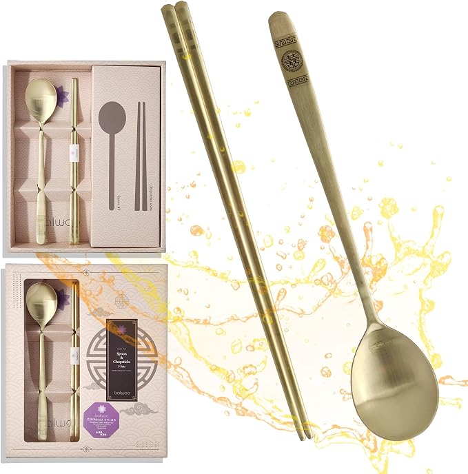 [5 Sets] [Made in Korea] Korean Sticky Rice Spoon Chopsticks Set Gold Titanium Plating 304 Stainless Steel Tableware Cutlery Set Mukbang Chopsticks (Korean Palace Pattern TITANIUM, 5 Sets)