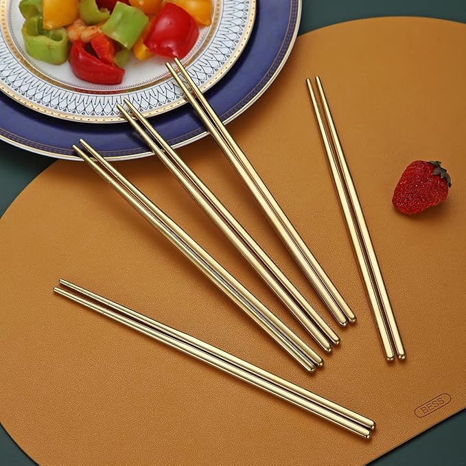 10 Pairs Reusable Chopsticks, Titanium Gold Plating Stainless Steel Metal Chop Sticks, Japanese Chinese Korean Chopstick Dishwasher Safe, 8.9 Inch (Gold / Chop sticks)
