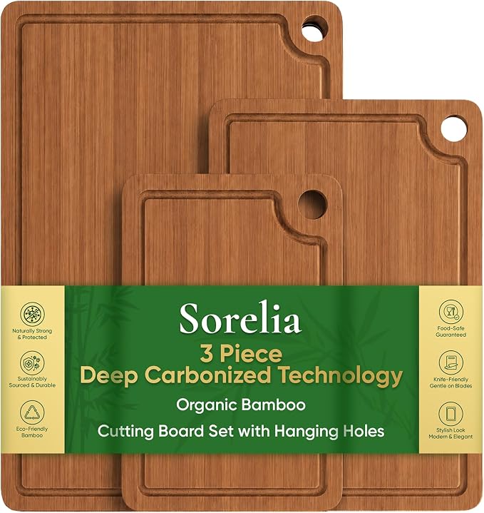 3-Piece Bamboo Cutting Boards - Groove, Handles, 15/12/9" - Dark Carbonized | Bamboo boards with rich dark finish, reversible prep and serving design surfaces