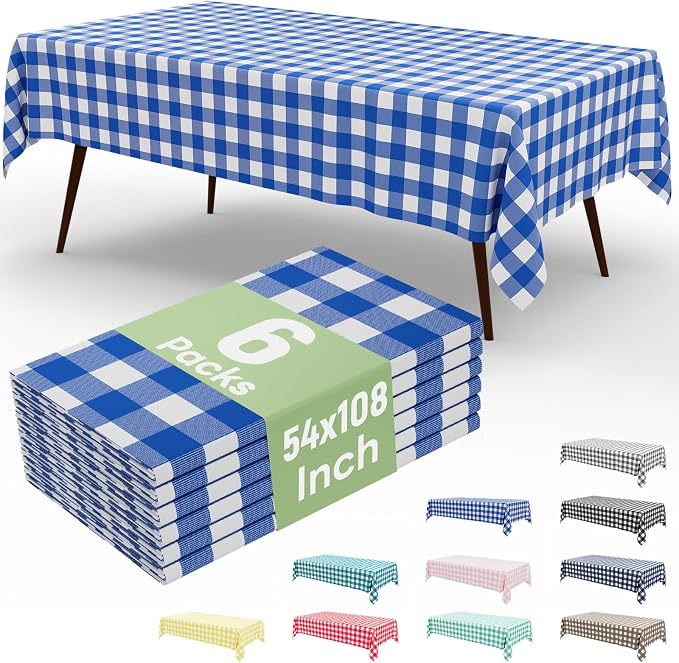 6 Packs Buffalo Disposable Table Cloth, 54 x 108 Inch Waterproof Plastic Tablecloth, Rectangle Blue and White Checkered Table Covers for Picnic, Birthday, Party, Back to School