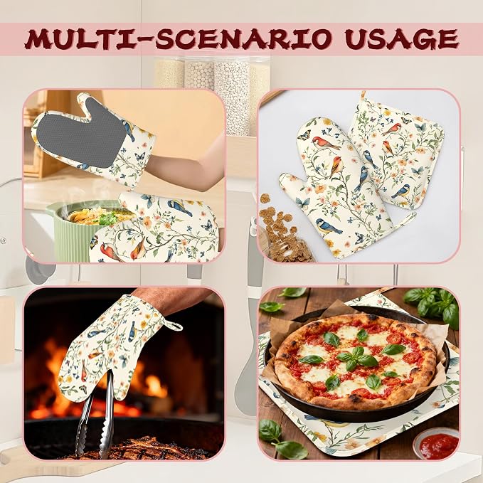 Butterfly Bird Vintage Heat-Resistant Silicone Oven Mitts and Pot Holder 4 Piece Set,Non-Slip Kitchen Oven Gloves for Baking, BBQ, Cooking,Grilling