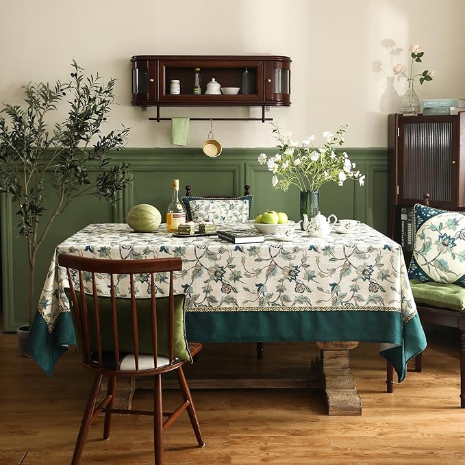 patdrea Designer Green Linen Long Table Cloth for Rectangle Table,Vintage Floral Pattern Durable Tablecloth,French Cover Decor for Kitchen Dining,Christmas,Thanksgiving,Tea Party,63"x102"-Noah