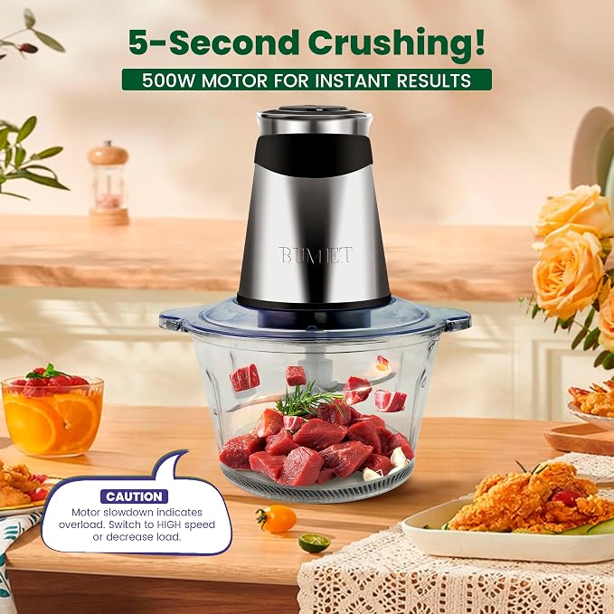 BUMET 500W Meat Grinder 2×8-Cup Bowls 2 Blades Food Chopper | glass+stainless bowl, stainless steel blades for meat/veggies/nuts. easy to clean, ideal for daily kitchen prep.